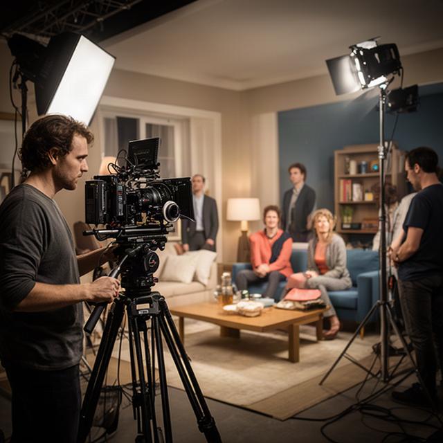 Österreichisches Serienteam bei einer Innenaufnahme mit Kamera, Licht und vorbereiteter Kulisse